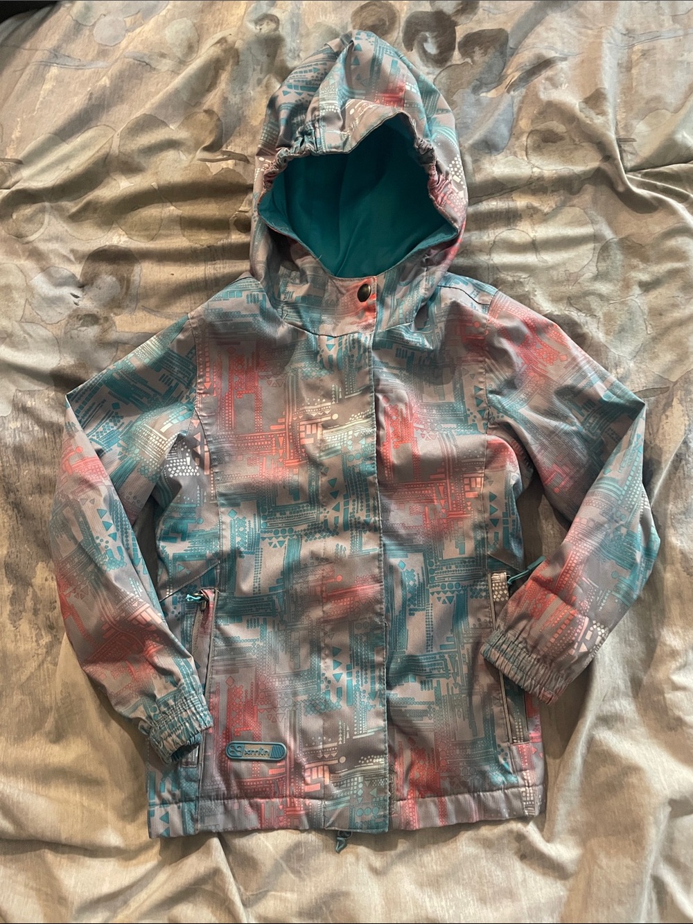 Kids Waterproof Hooded Jacket in Teal, Gray & Coral